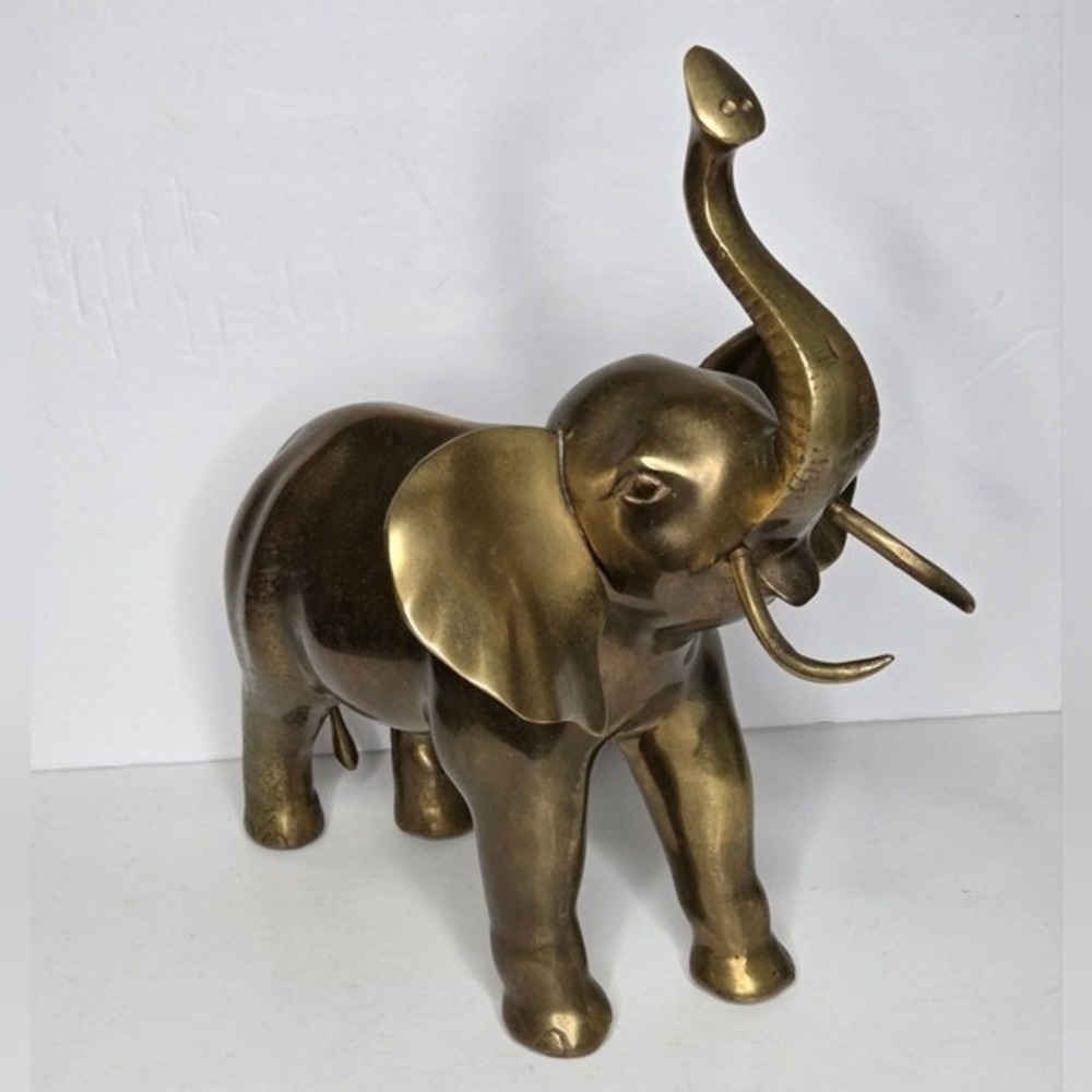 Vintage Mid Century Solid Brass Elephant Figurine Trunks Up Good Luck Decor 13" - Picture 9 of 11